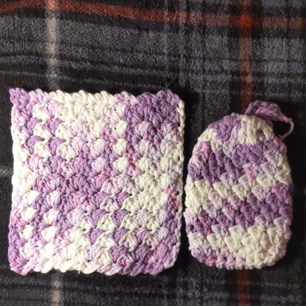 Purple and White Wash Cloth Crochet Set